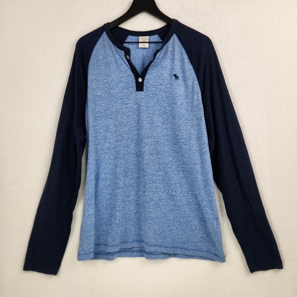 Abercrombie & Fitch Henley Shirt Mens XL Blue Raglan Long Sleeve Moose